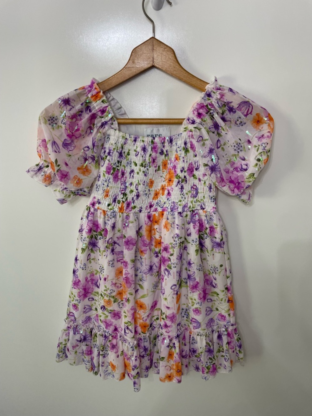 Rare Editions Girls Floral Smocked Sequin Dress, Purple Orange, size 6/6X